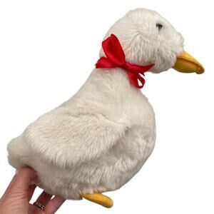 Vintage 1990's Country Duck Plush Red Ribbon Neck Decor White Stuffed Animal Toy
